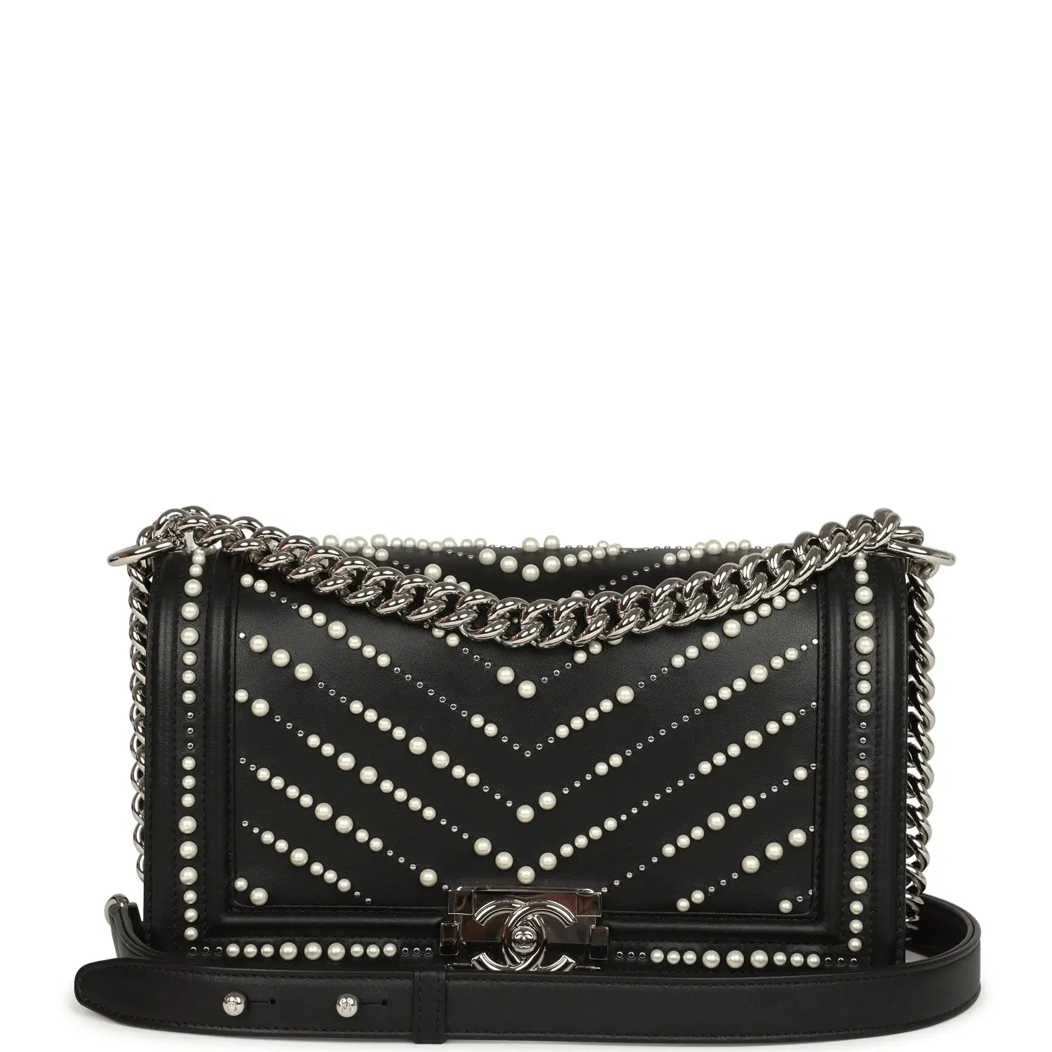 Chanel Medium Boy Bag Black Pearl Chevron Calfskin Silver Hardware