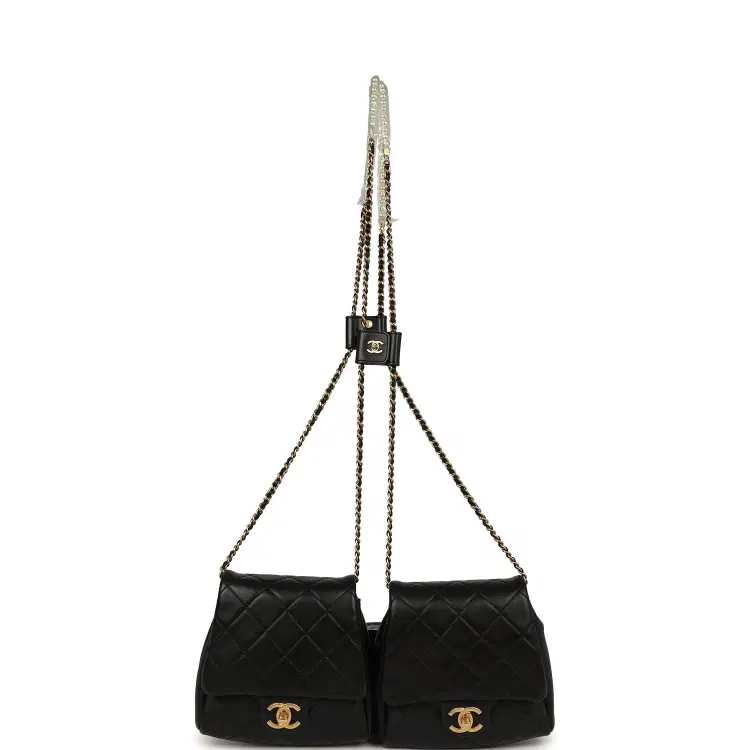 Pre-owned Chanel Twins Side Pack Black Lambskin Faux Pearls & Brushed Gold Hardware-Hover-Image