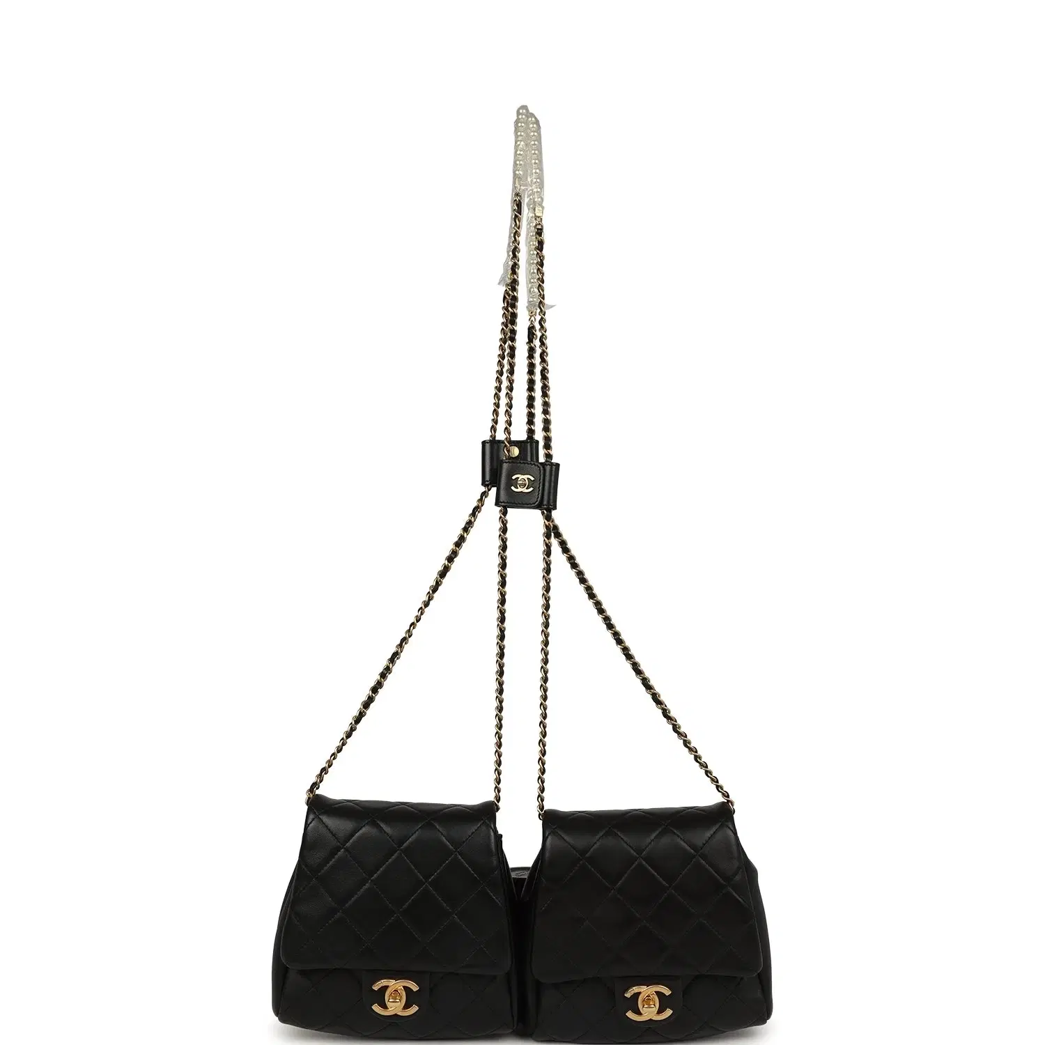 Pre-owned Chanel Twins Side Pack Black Lambskin Faux Pearls & Brushed Gold Hardware