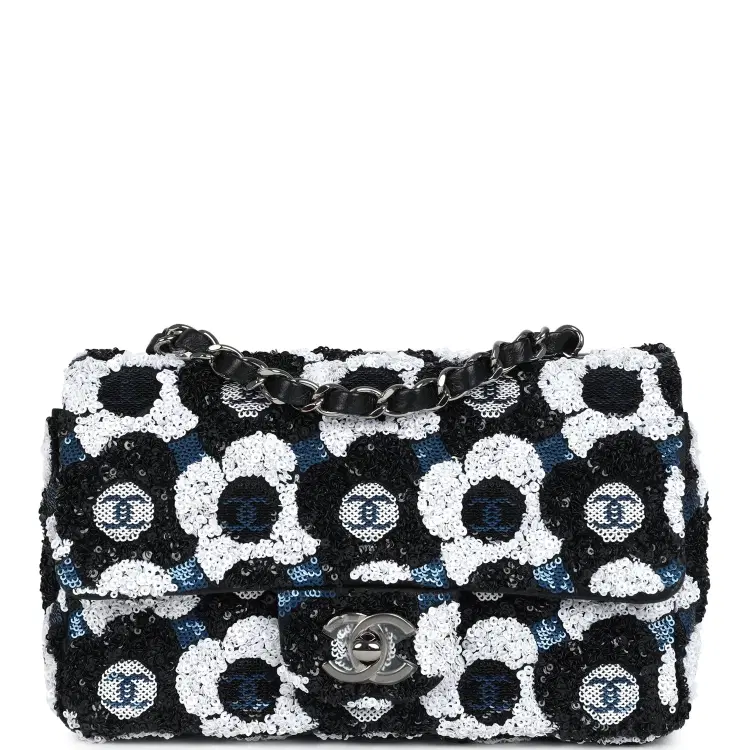 Chanel Mini Rectangular Flower Flap Bag Black, Navy and White Sequin Ruthenium Hardware-Hover-Image