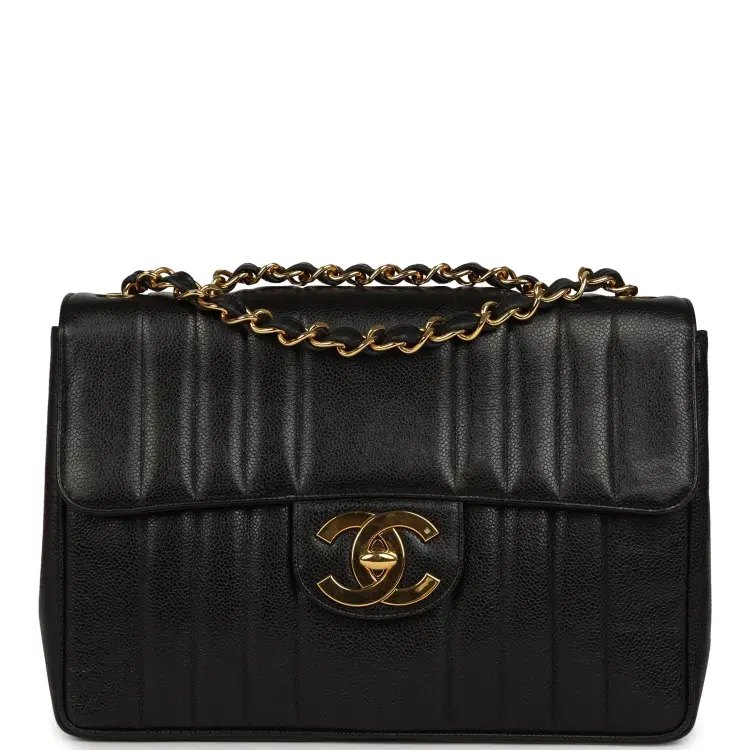 Vintage Chanel Jumbo Classic Mademoiselle Vertical Flap Black Caviar Gold Hardware-Hover-Image