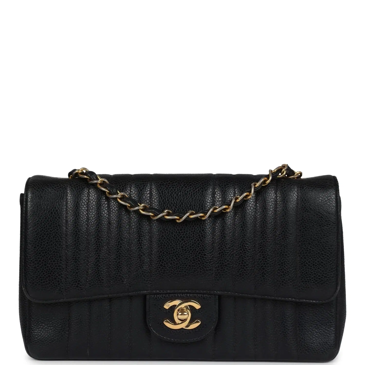 Vintage Chanel Medium Vertical Flap Bag Black Caviar Gold Hardware