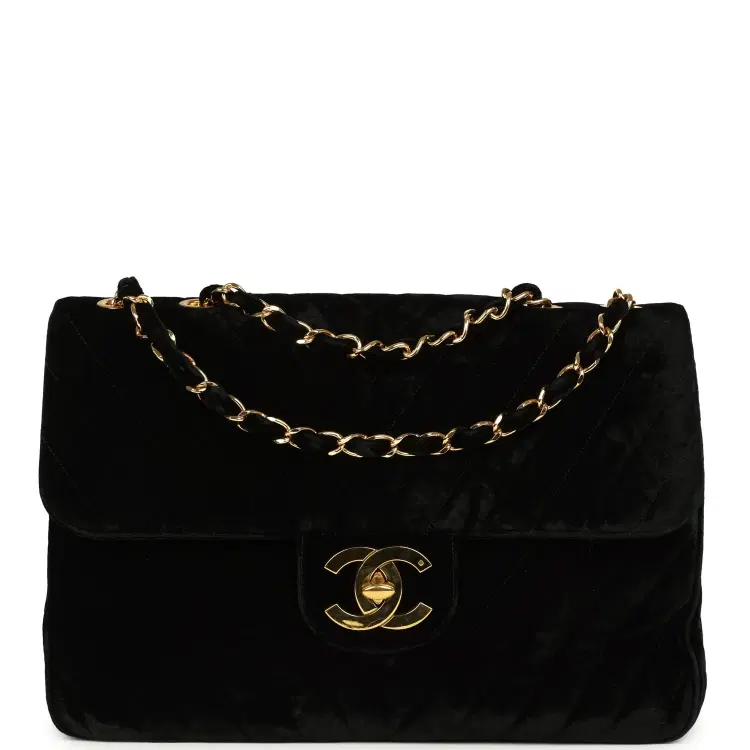 Vintage Chanel XL Classic Chevron Single Flap Bag Black Velvet Gold Hardware-Hover-Image