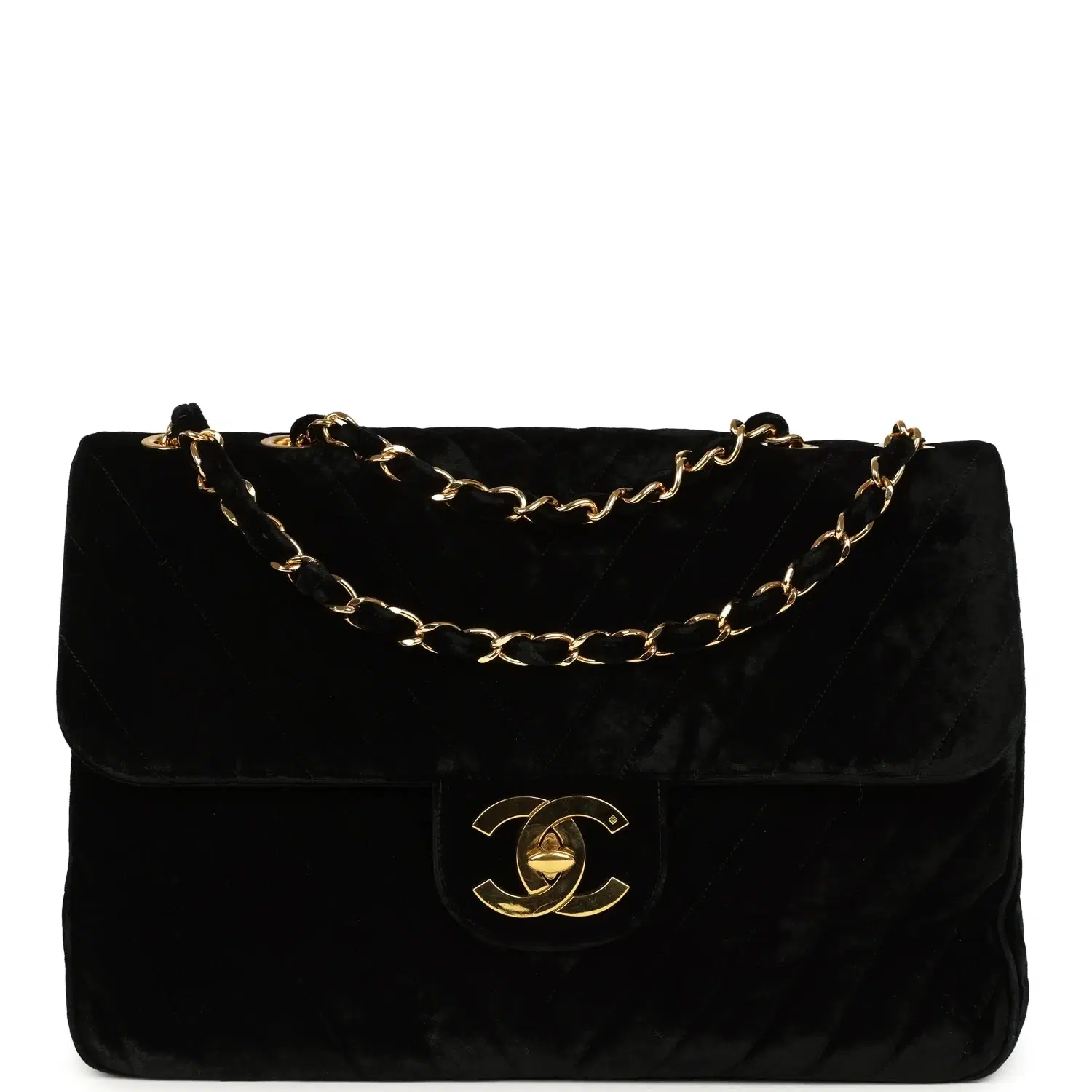 Vintage Chanel XL Classic Chevron Single Flap Bag Black Velvet Gold Hardware