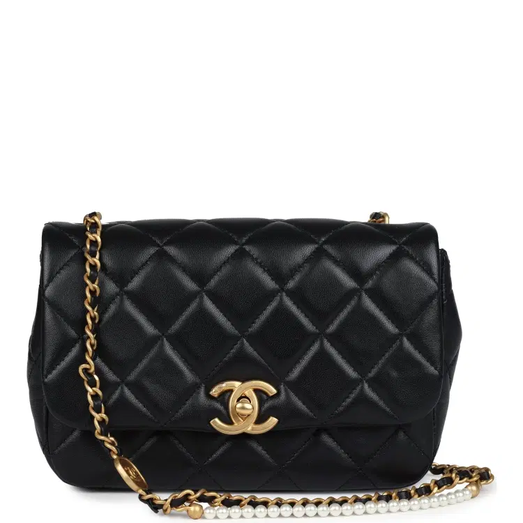Chanel Mini Pearly Chain Flap Bag Black Lambskin Brushed Gold Hardware-Hover-Image