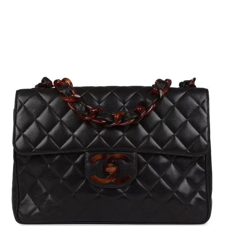 Vintage Chanel Jumbo Classic Single Flap Bag Black Lambskin Tortoiseshell Bakelite Hardware-Hover-Image