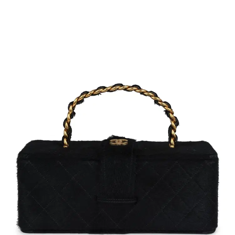 Vintage Chanel Rectangular Vanity Box Black Pony Hair Antique Gold Hardware-Hover-Image