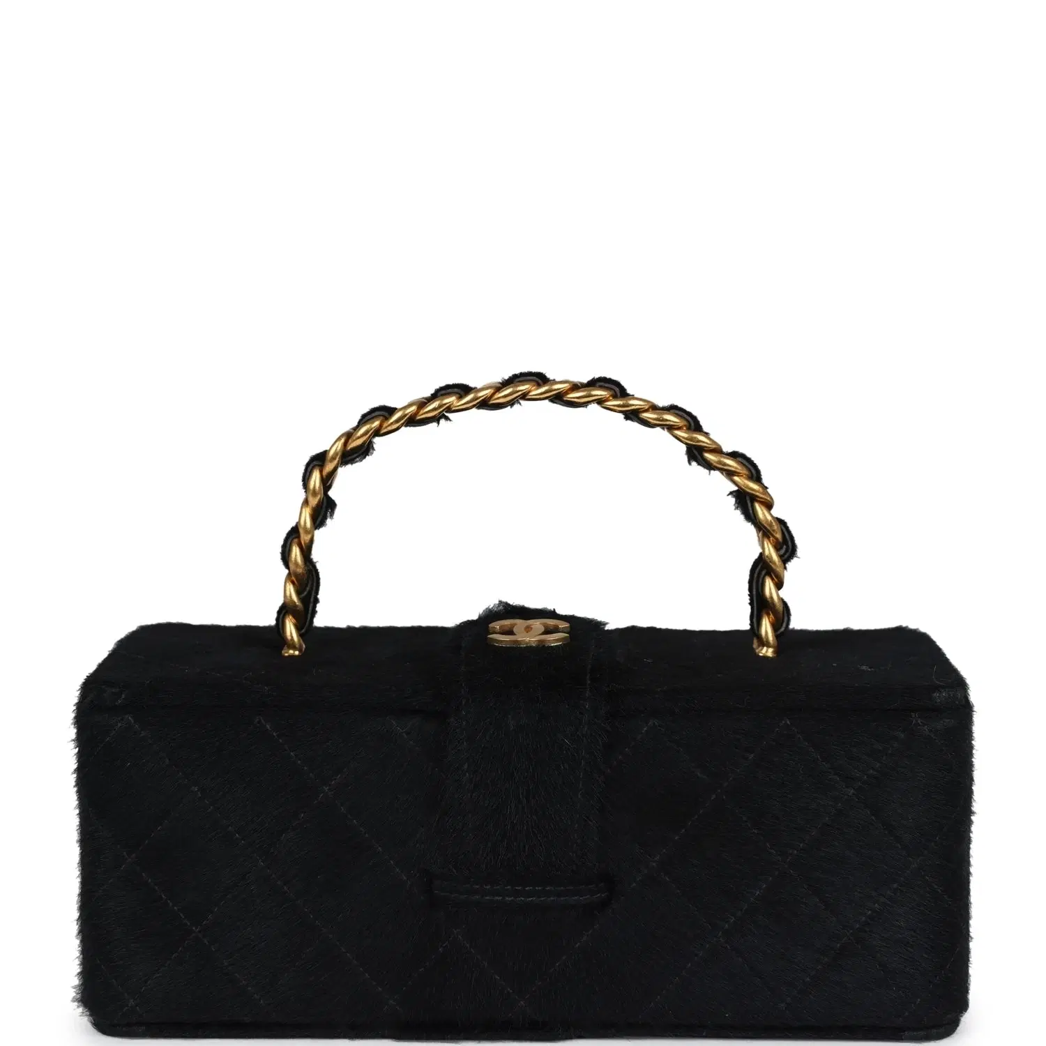 Vintage Chanel Rectangular Vanity Box Black Pony Hair Antique Gold Hardware