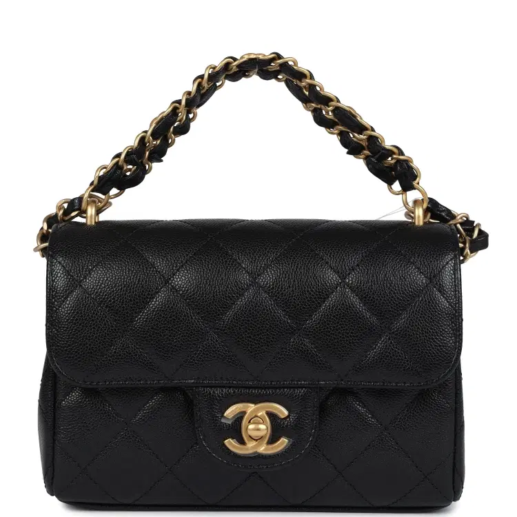 Chanel Mini Top Handle Flap Bag Black Grained Calfskin Brushed Gold Hardware-Hover-Image