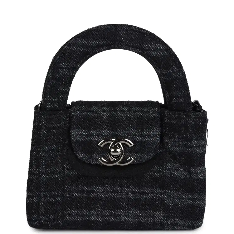 Chanel Nano Kelly Shopper Black and Grey Printed Denim Ruthenium Hardware-Hover-Image
