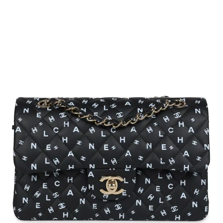 Chanel Small Classic Double Logo Printed Flap Bag Black and White Calfskin Gold Hardware-Hover-Image