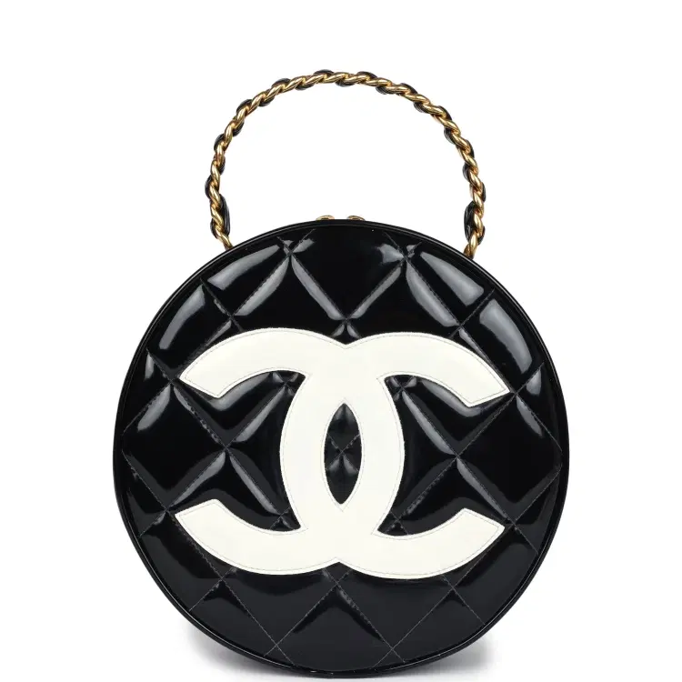 Vintage Chanel Round Vanity Bag Black and White Patent Leather Antique Gold Hardware-Hover-Image