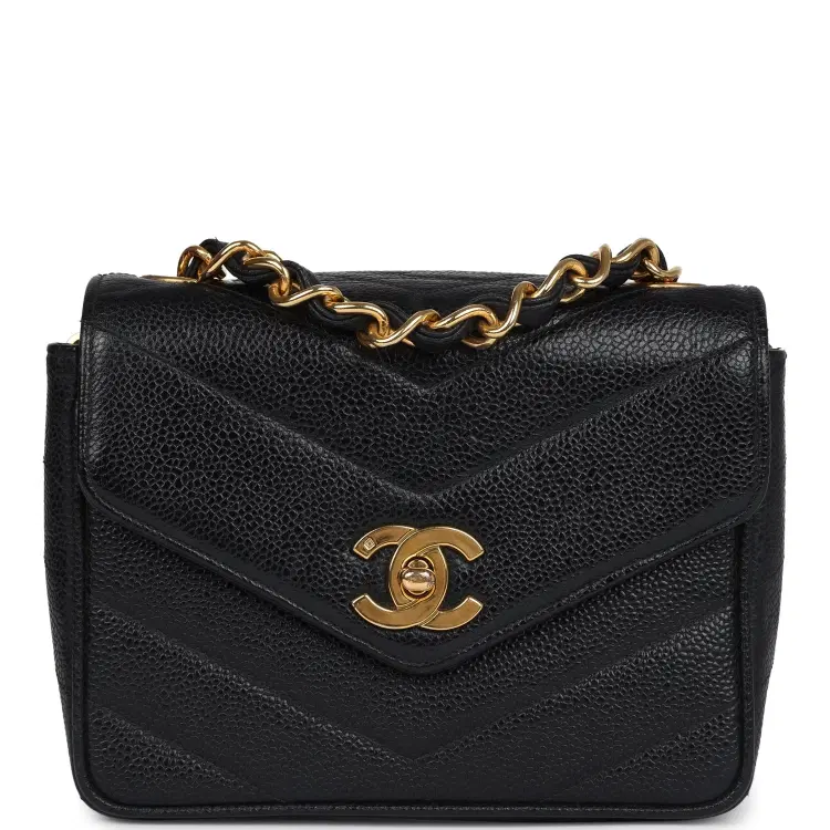 Vintage Chanel Square Chevron Envelope Flap Bag Black Caviar Gold Hardware-Hover-Image