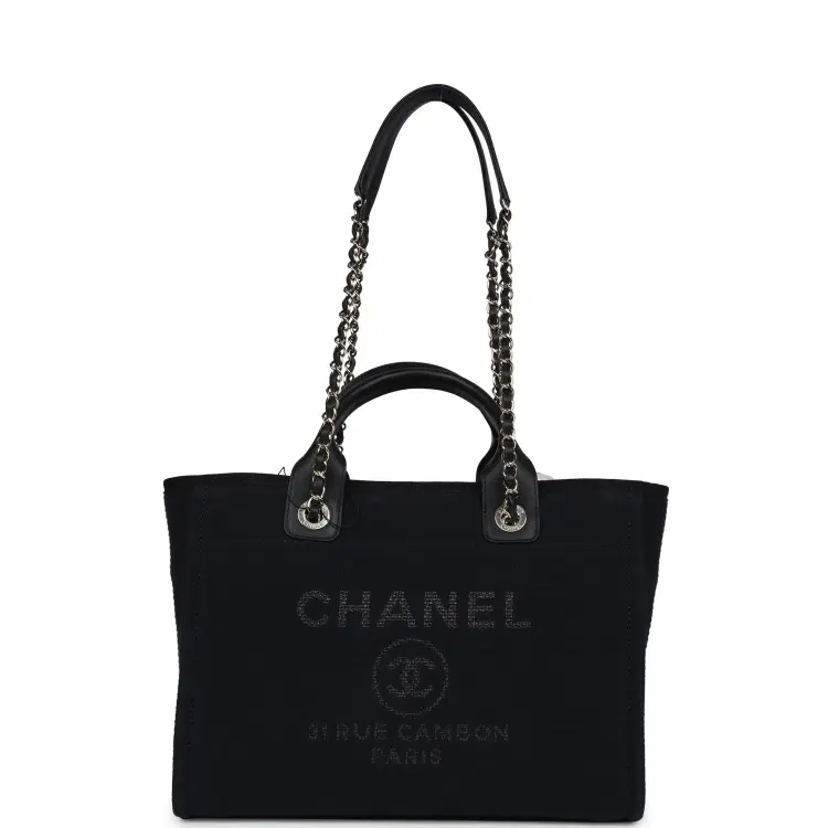 Chanel Small Deauville Shopping Tote Black Canvas Light Gold Hardware-Hover-Image