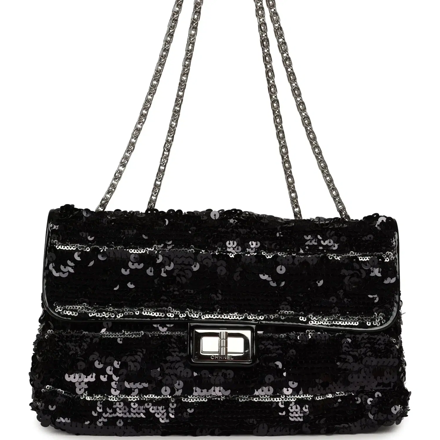 Pre-owned Chanel Medium Striped Reissue Flap Bag Black, Silver Sequin and Patent Silver Hardware