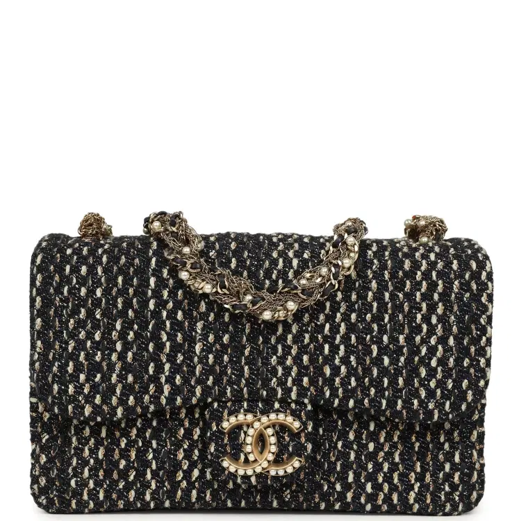 Chanel Small Westminster Pearl Flap Bag Black, Gold, White Tweed Brushed Gold Hardware-Hover-Image