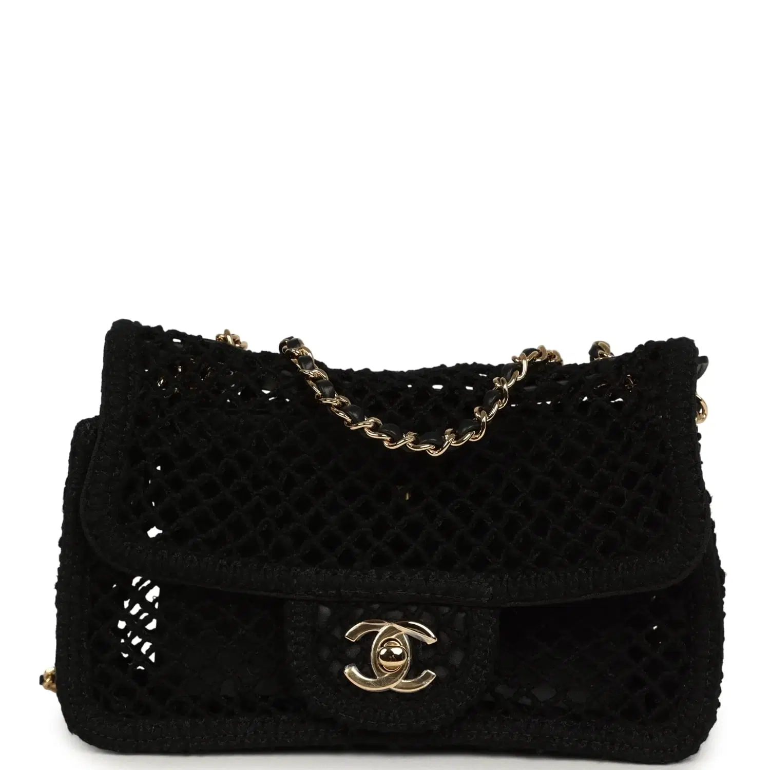 Chanel Small Coco Beach Macrame Flap Bag Black Mesh Gold Hardware