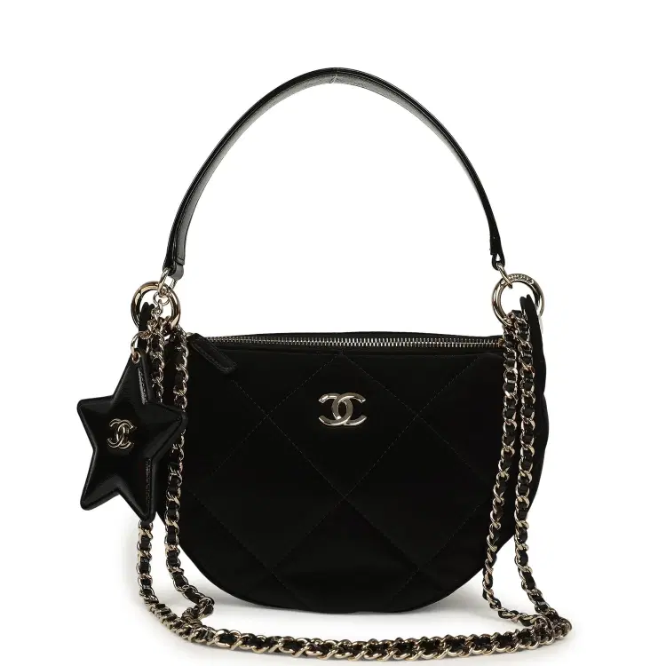 Chanel Coco Neige Clutch with Chain Black Velvet-Effect Nylon and Black Shiny Crumpled Calfskin Light Gold Hardware-Hover-Image