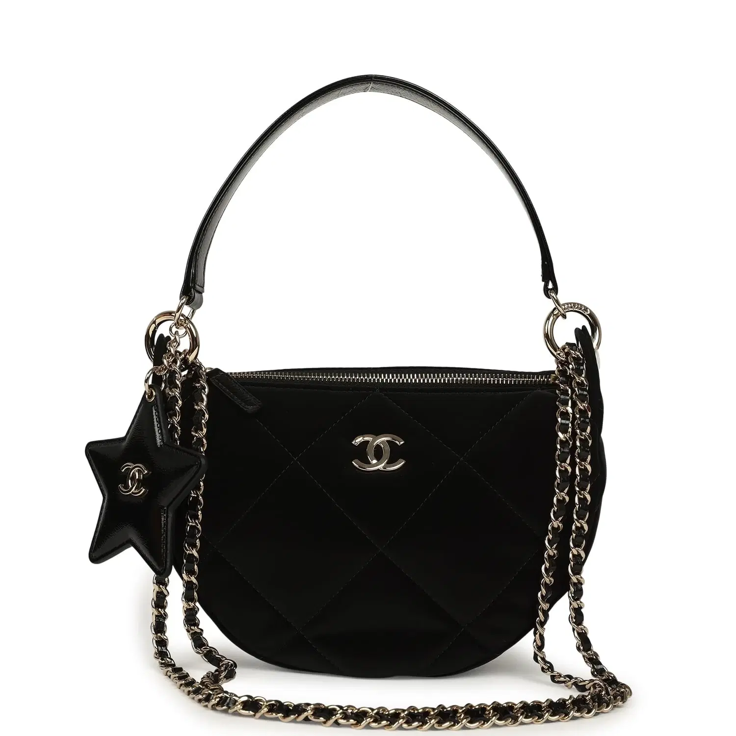 Chanel Coco Neige Clutch with Chain Black Velvet-Effect Nylon and Black Shiny Crumpled Calfskin Light Gold Hardware