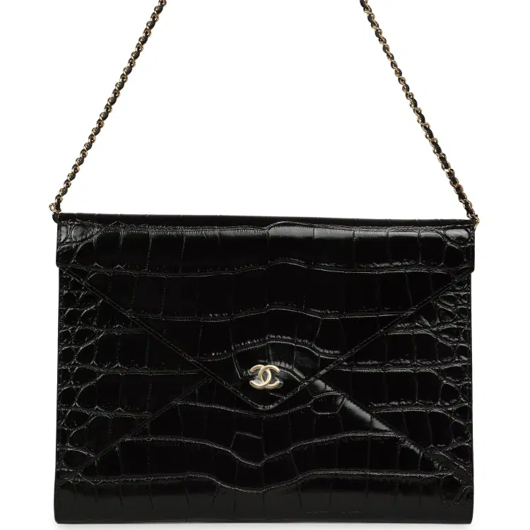 Chanel Envelope Clutch with Chain Black Croc Embossed Calfskin Gold Hardware-Hover-Image