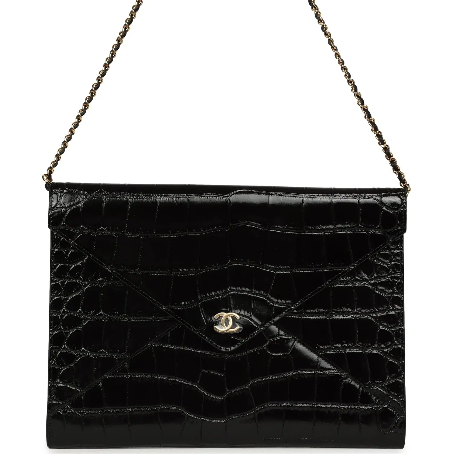 Chanel Envelope Clutch with Chain Black Croc Embossed Calfskin Gold Hardware