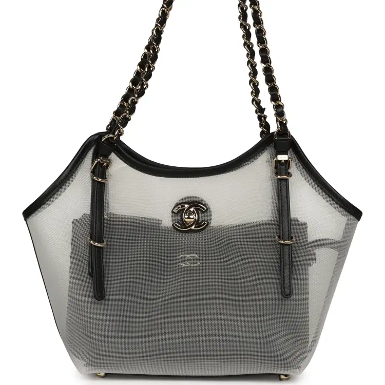 Chanel Small Coco Beach Shopping Bag Transparent Mesh and Black Calfskin Light Gold Hardware-Hover-Image