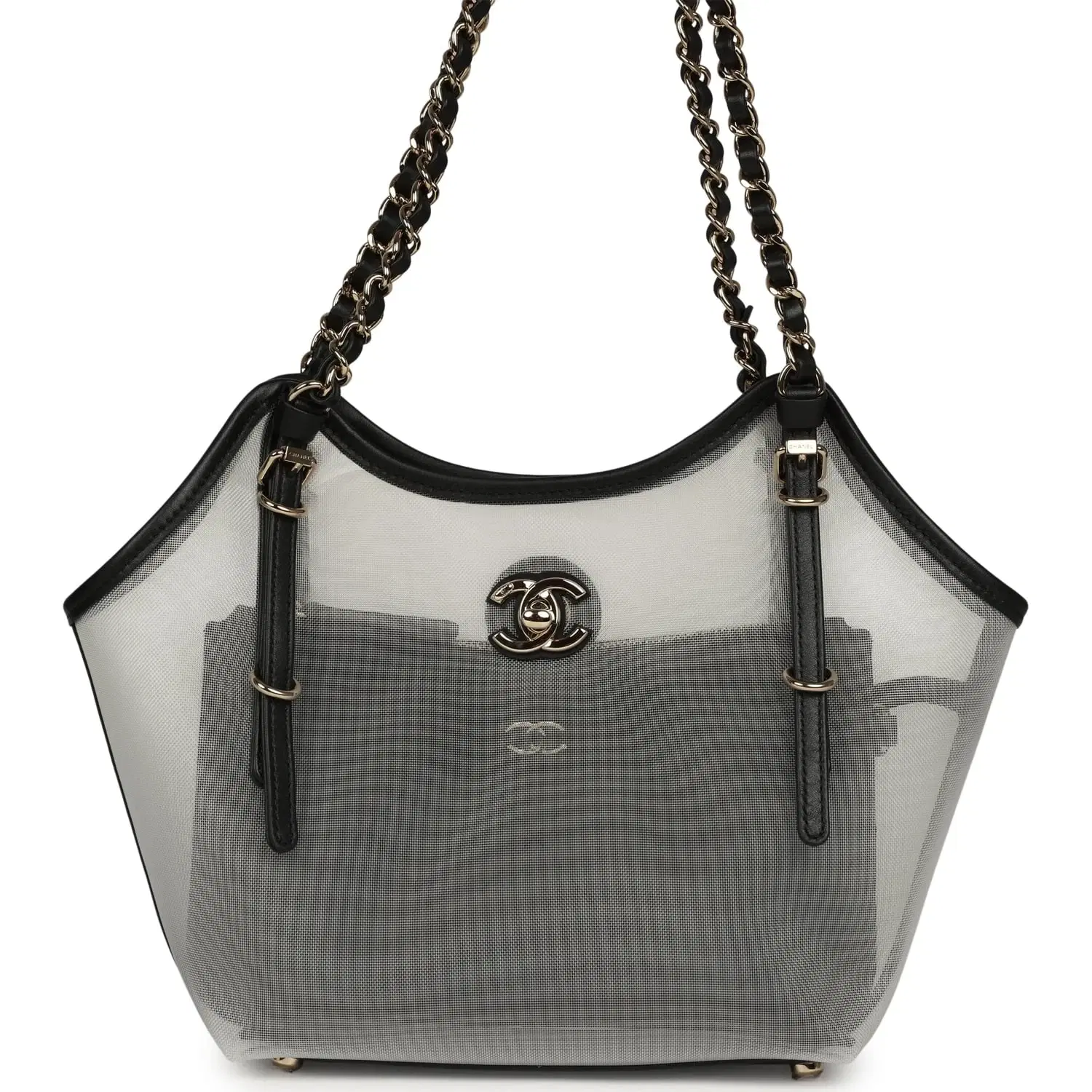 Chanel Small Coco Beach Shopping Bag Transparent Mesh and Black Calfskin Light Gold Hardware