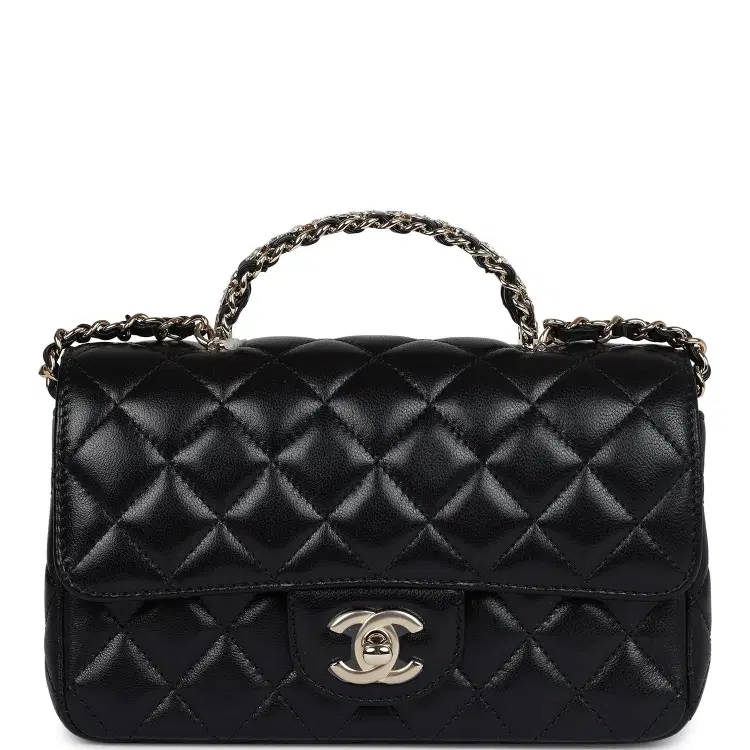 Chanel Mini Rectangular Crystal Top Handle Flap Bag Black Lambskin Light Gold Hardware-Hover-Image