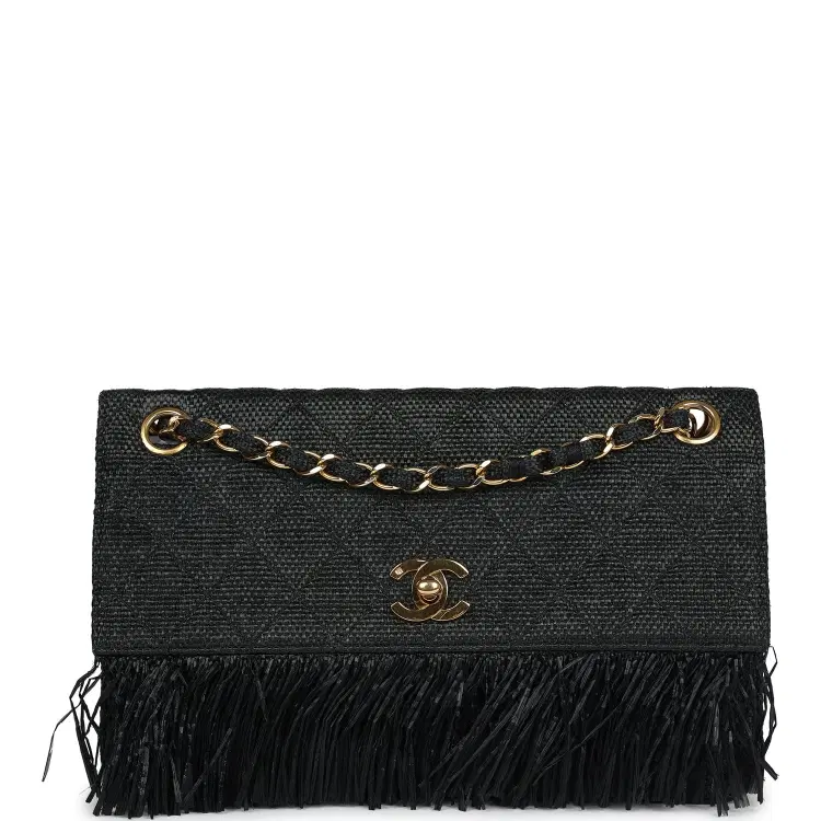 Vintage Chanel Quilted Fringe Single Flap Bag Black Raffia Gold Hardware-Hover-Image