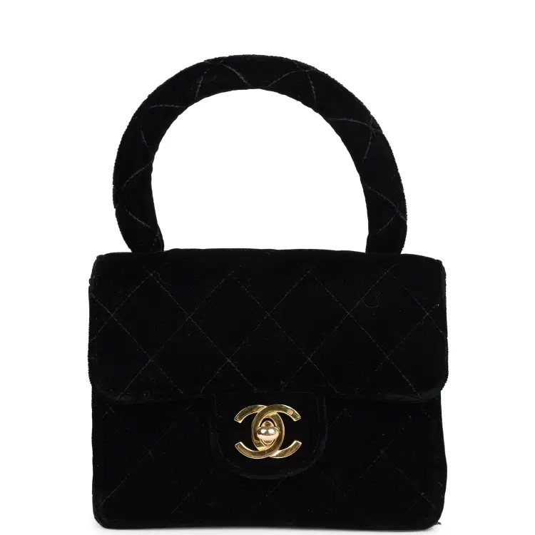 Vintage Chanel Micro Kelly Child Flap Bag Black Velvet Gold Hardware-Hover-Image