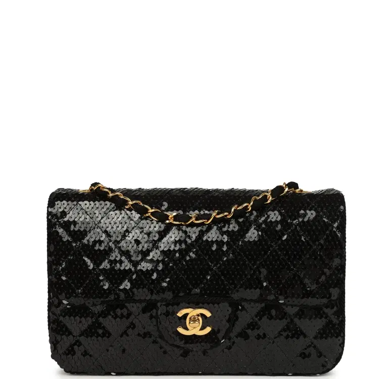 Vintage Chanel Small Flap Bag Black Sequin Gold Hardware-Hover-Image