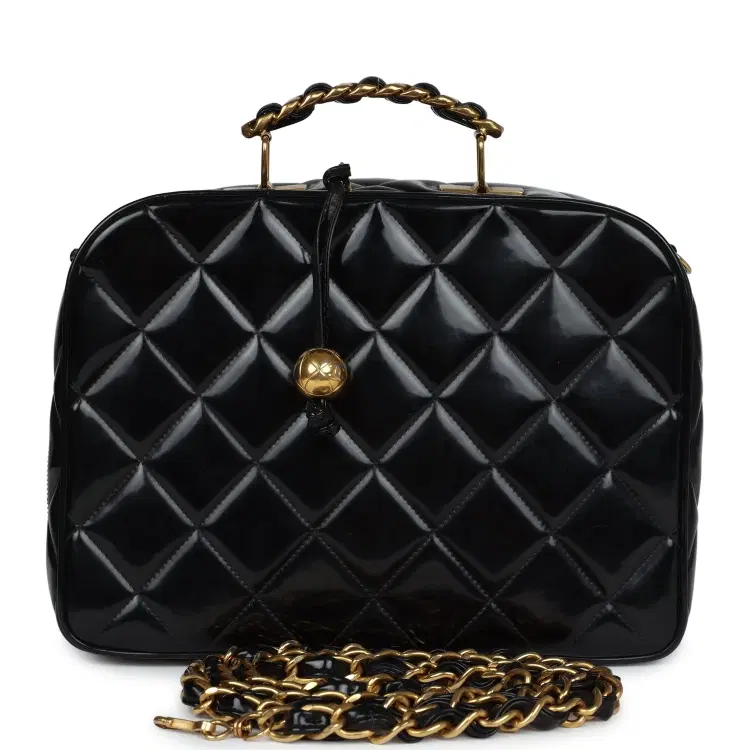 Vintage Chanel Lunchbox Vanity Black Patent Leather Gold Hardware-Hover-Image