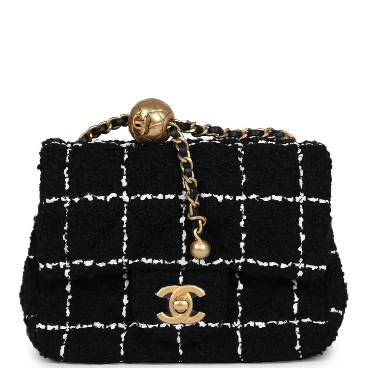 Chanel Mini Pearl Crush Square Flap Bag White and Black Tweed Antique Gold Hardware-Hover-Image