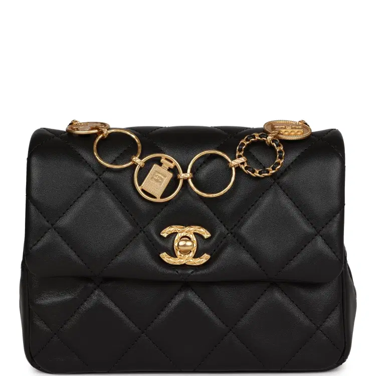 Chanel Mini Charms Flap Bag Black Lambskin Brushed Gold Hardware-Hover-Image