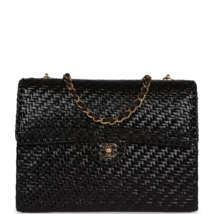 Vintage Chanel Flap Bag Black Wicker Gold Hardware-Hover-Image