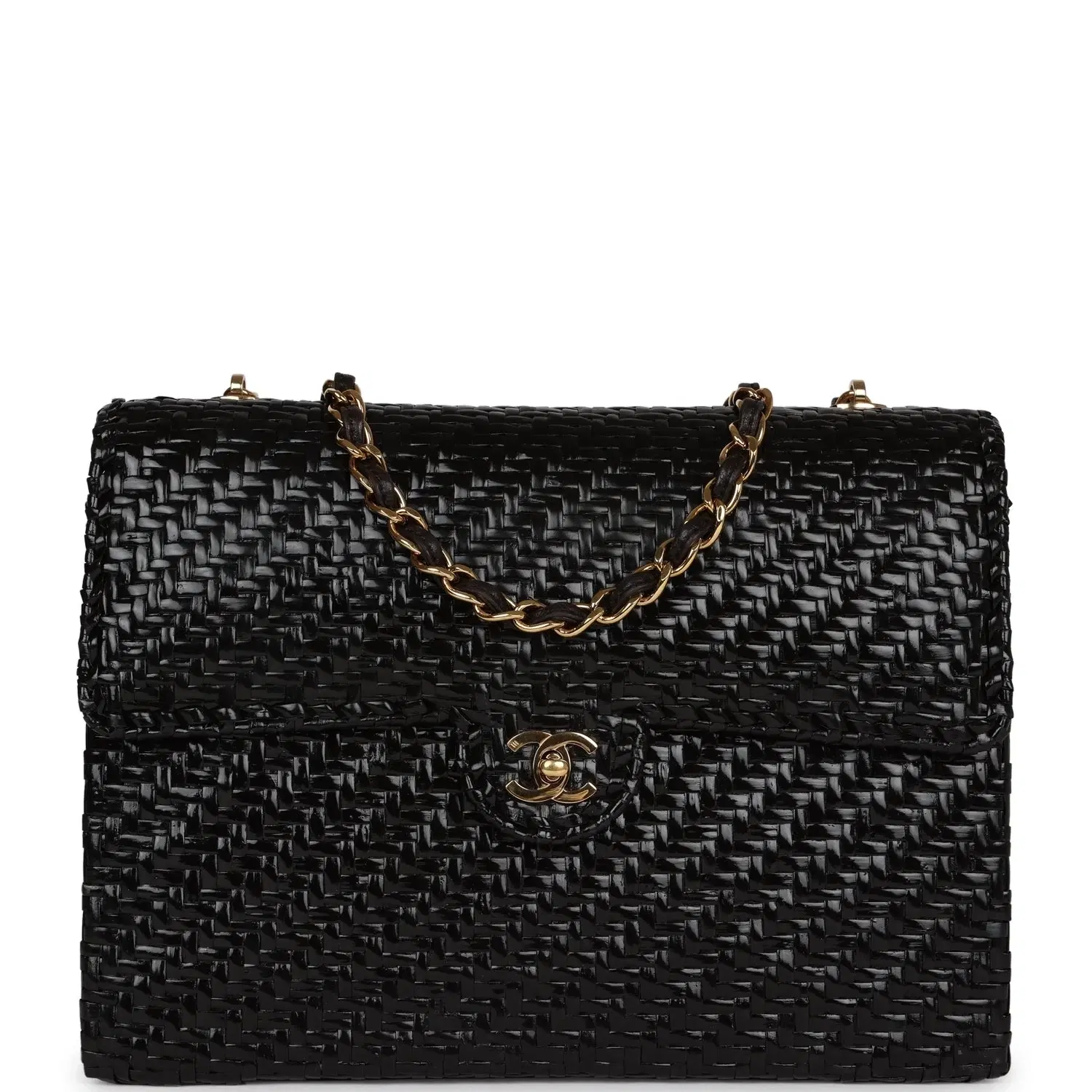 Vintage Chanel Flap Bag Black Wicker Gold Hardware
