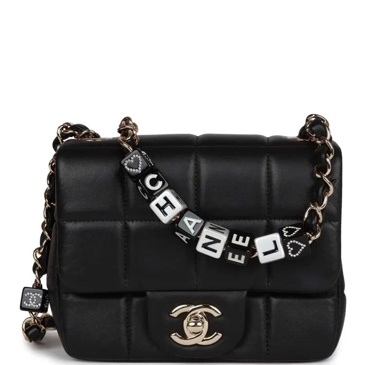 Chanel Monaco Mini Square Flap Bag Black Lambskin Light Gold Hardware-Hover-Image