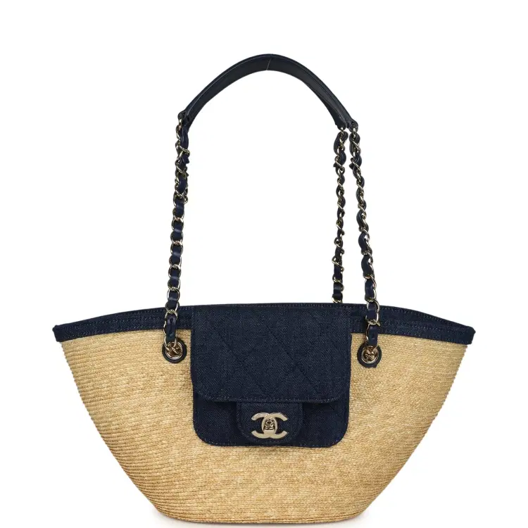 Chanel Small Coco Beach Shopping Tote Bag Bag Beige Raffia and Dark Blue Denim Light Gold Hardware-Hover-Image