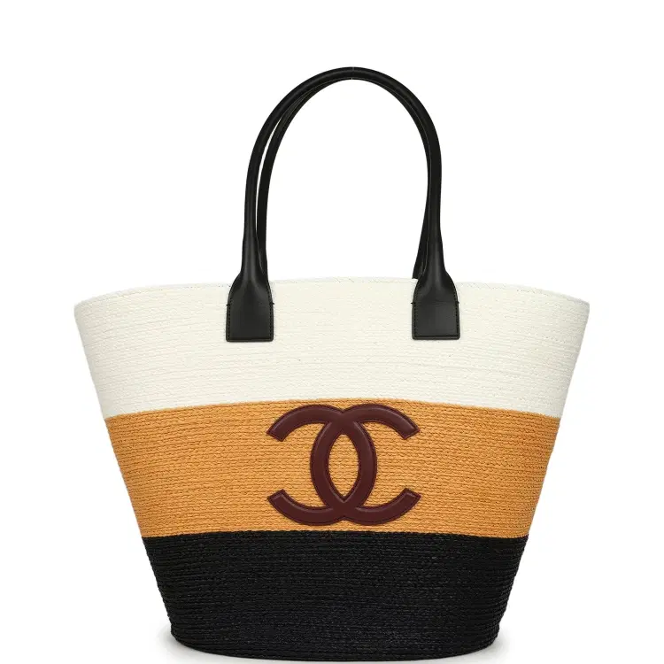 Chanel Maxi Coco Beach Small Shopping Bag White, Dark Beige, Black Raffia and Calfskin-Hover-Image