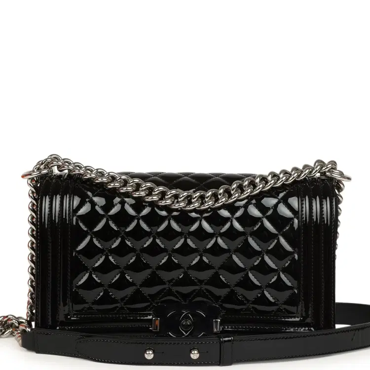 Pre-owned Chanel Medium Boy Bag Black Patent Silver Hardware-Hover-Image