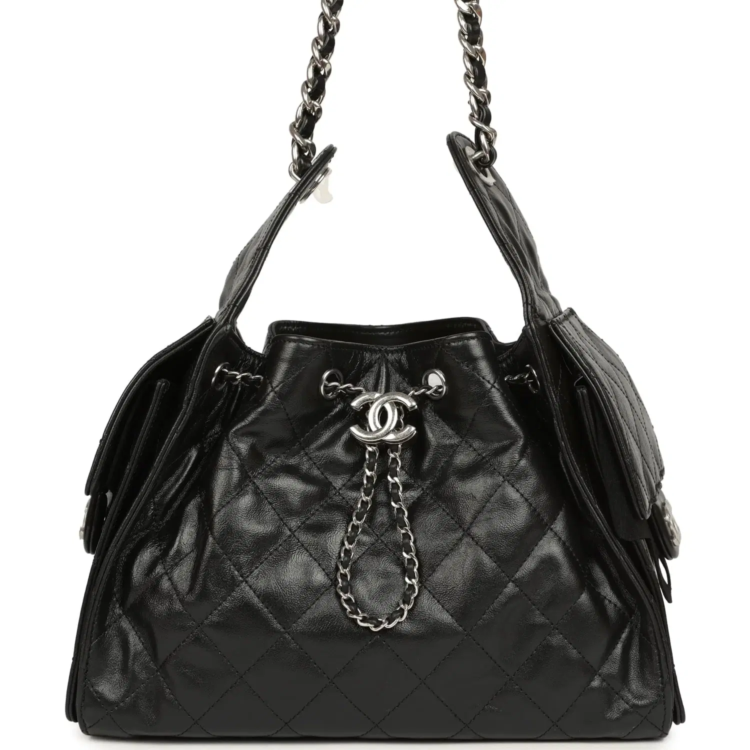 Chanel Small 25 Hobo Bag Black Shiny Aged Crumpled Calfskin Silver Hardware