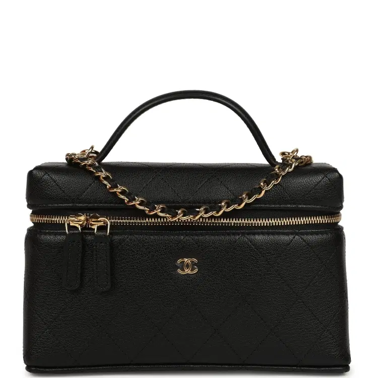 Chanel Top Handle Long Vanity Case with Chain Black Grained Goatskin Gold Hardware-Hover-Image