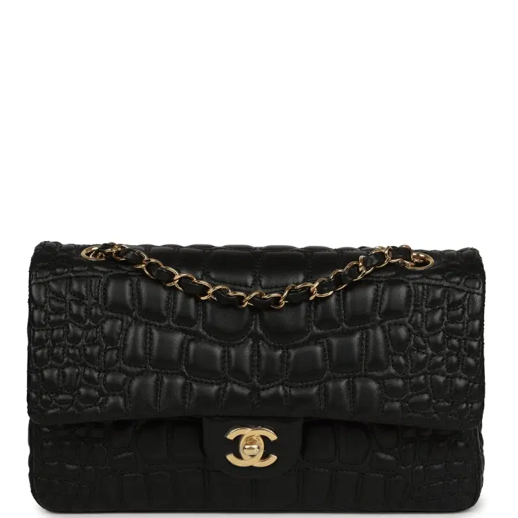 Chanel Medium Classic Croc Embossed Double Flap Bag Black Lambskin Gold Hardware-Hover-Image