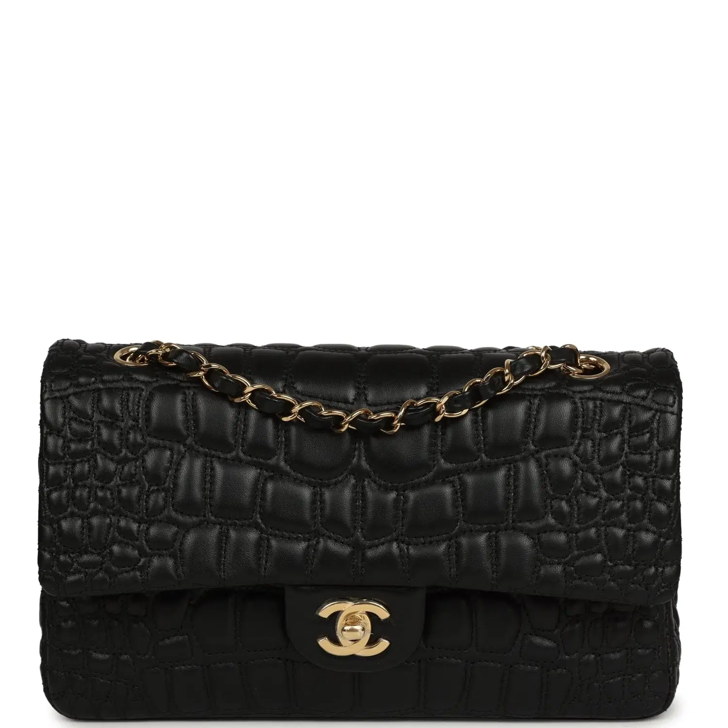 Chanel Medium Classic Croc Embossed Double Flap Bag Black Lambskin Gold Hardware