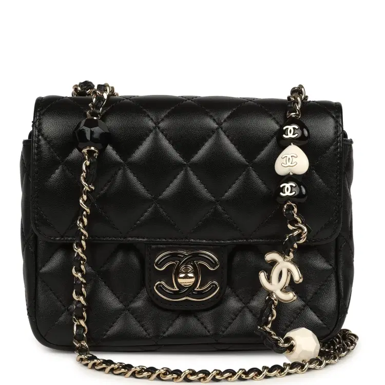 Pre-owned Chanel Heart Charms Mini Square Flap Bag Black Lambskin Enamel Light Gold Hardware-Hover-Image