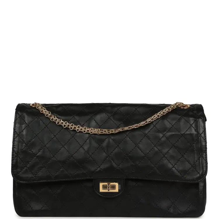 Chanel Maxi "Crush" Reissue 225 2.55 Double Flap Bag Black Lambskin Gold Hardware-Hover-Image