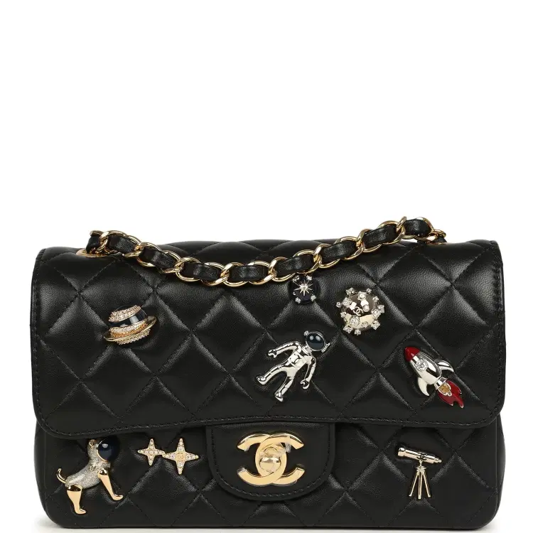 Chanel Mini Classic "Space Charms" Rectangular Flap Bag Black Lambskin Gold Hardware-Hover-Image