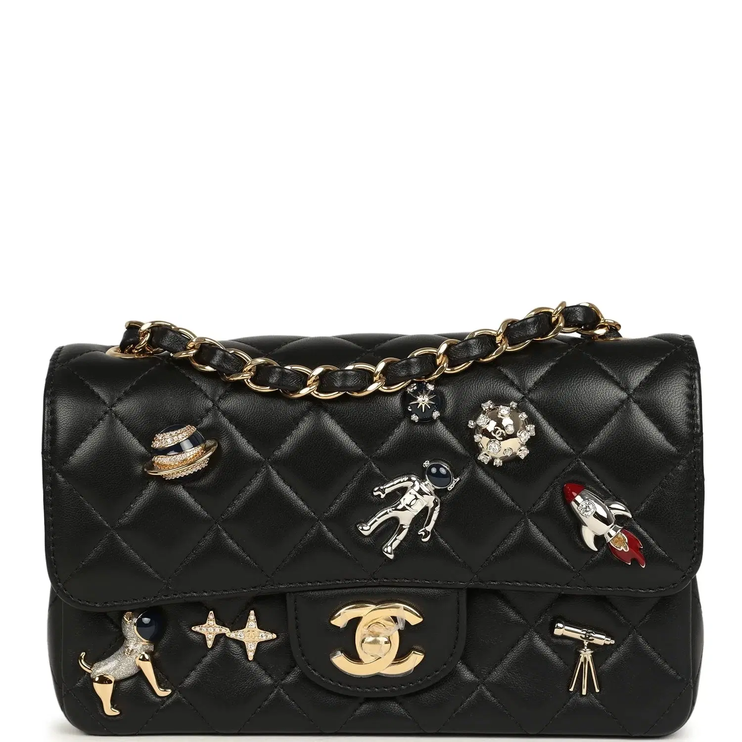 Chanel Mini Classic "Space Charms" Rectangular Flap Bag Black Lambskin Gold Hardware