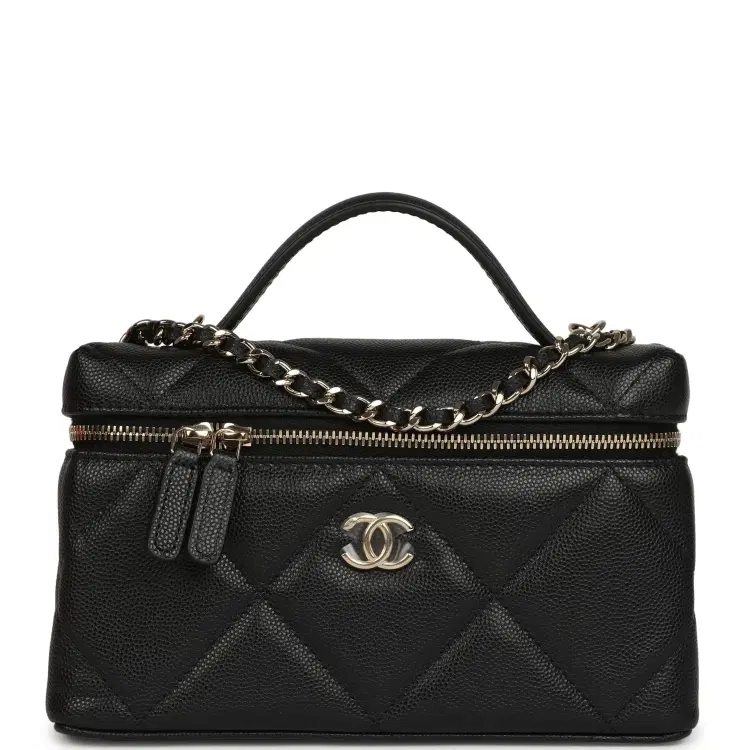 Chanel Top Handle Long Vanity Case with Chain Black Shiny Caviar Light Gold Hardware-Hover-Image