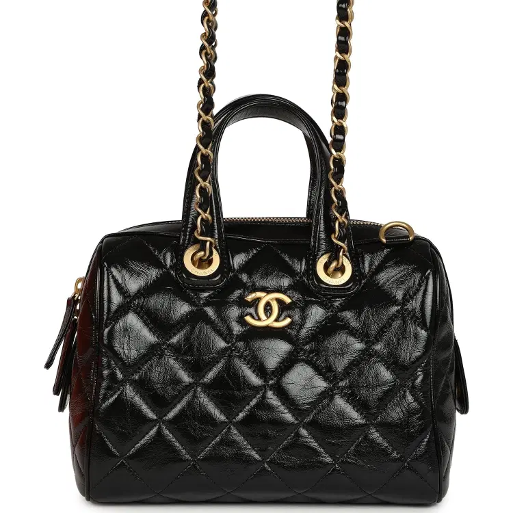 Pre-owned Chanel "CC Travel" Bowling Bag Black Shiny Crumped Calfskin Antique Gold Hardware-Hover-Image